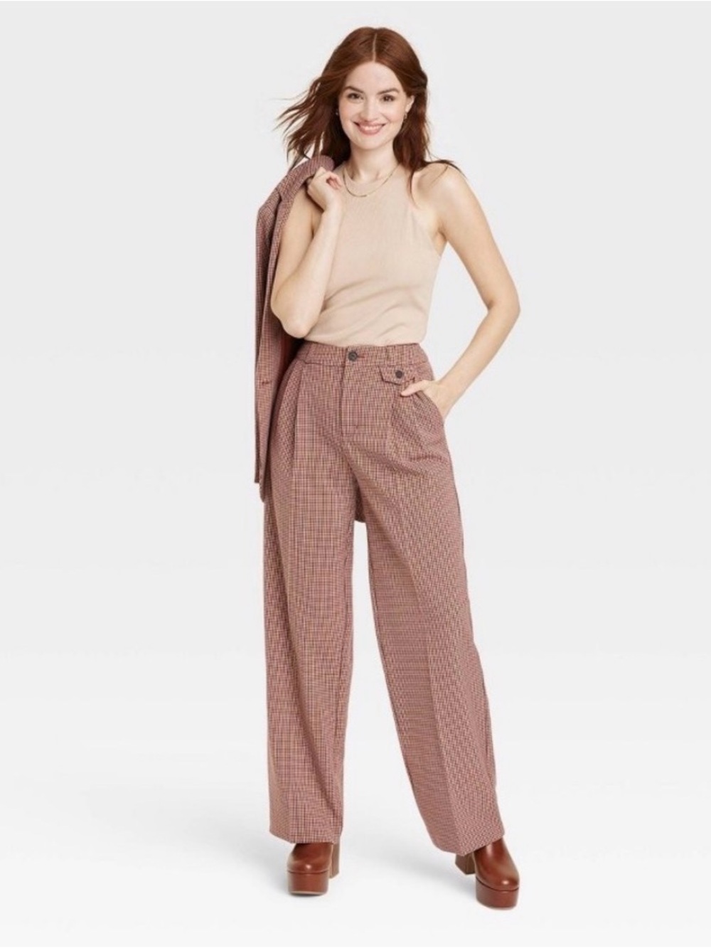 a new day Plaid Wide-Leg High-Waist Pants - Beige/Rust - Picture 1 of 9